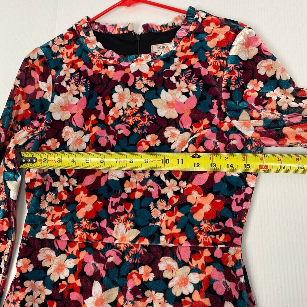 Bcbgeneration Velvet Floral Print Ruffle Trim Colorful Mini Dress‎ Size 4 - Picture 7 of 13